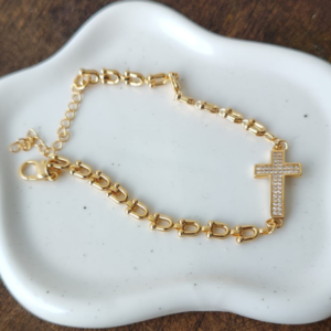Pulseira Dourada Crucifixo de Strass