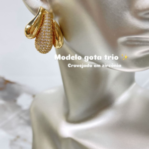 Brinco Trio Gota Zircônia Cravejada