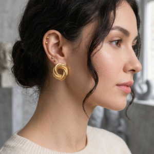 Brinco Nó Entrelaçado Dourado Texturizado Elegante e Sofisticado