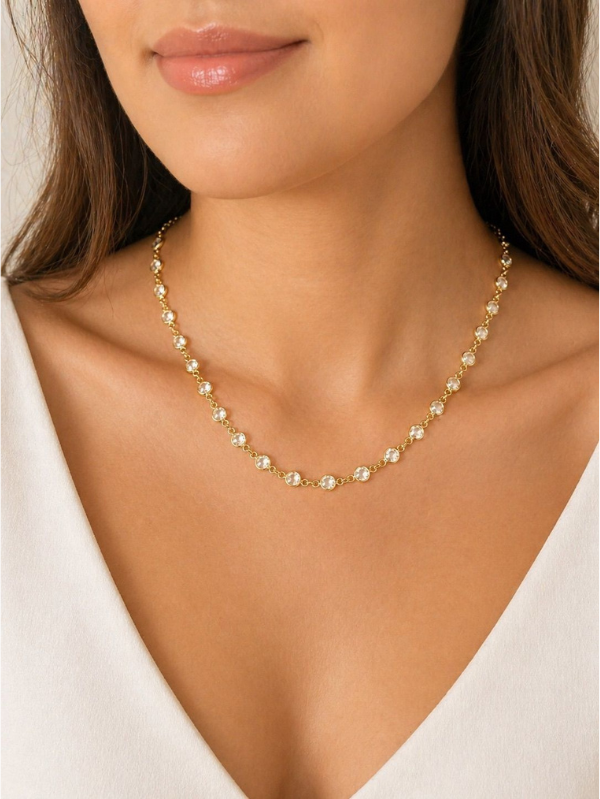 Colar Riviera Cristais Brancos Dourado Elegância Atemporal