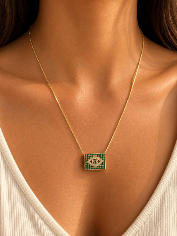 Colar Olho Grego Verde com Zircônias Dourado Proteção