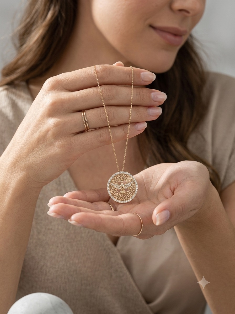 Colar Espírito Santo com Zircônias Dourado Medalha Redonda - Imagem 2