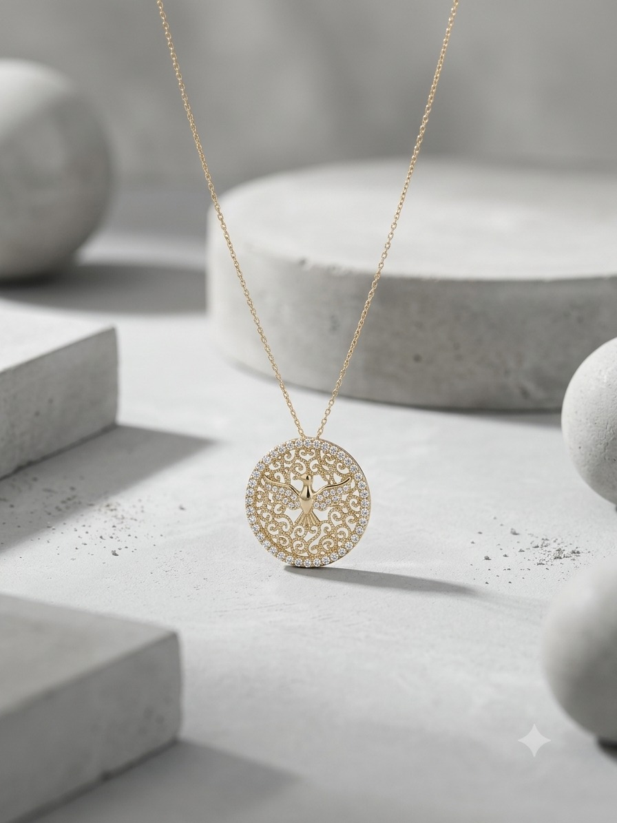 Colar Espírito Santo com Zircônias Dourado Medalha Redonda - Imagem 3