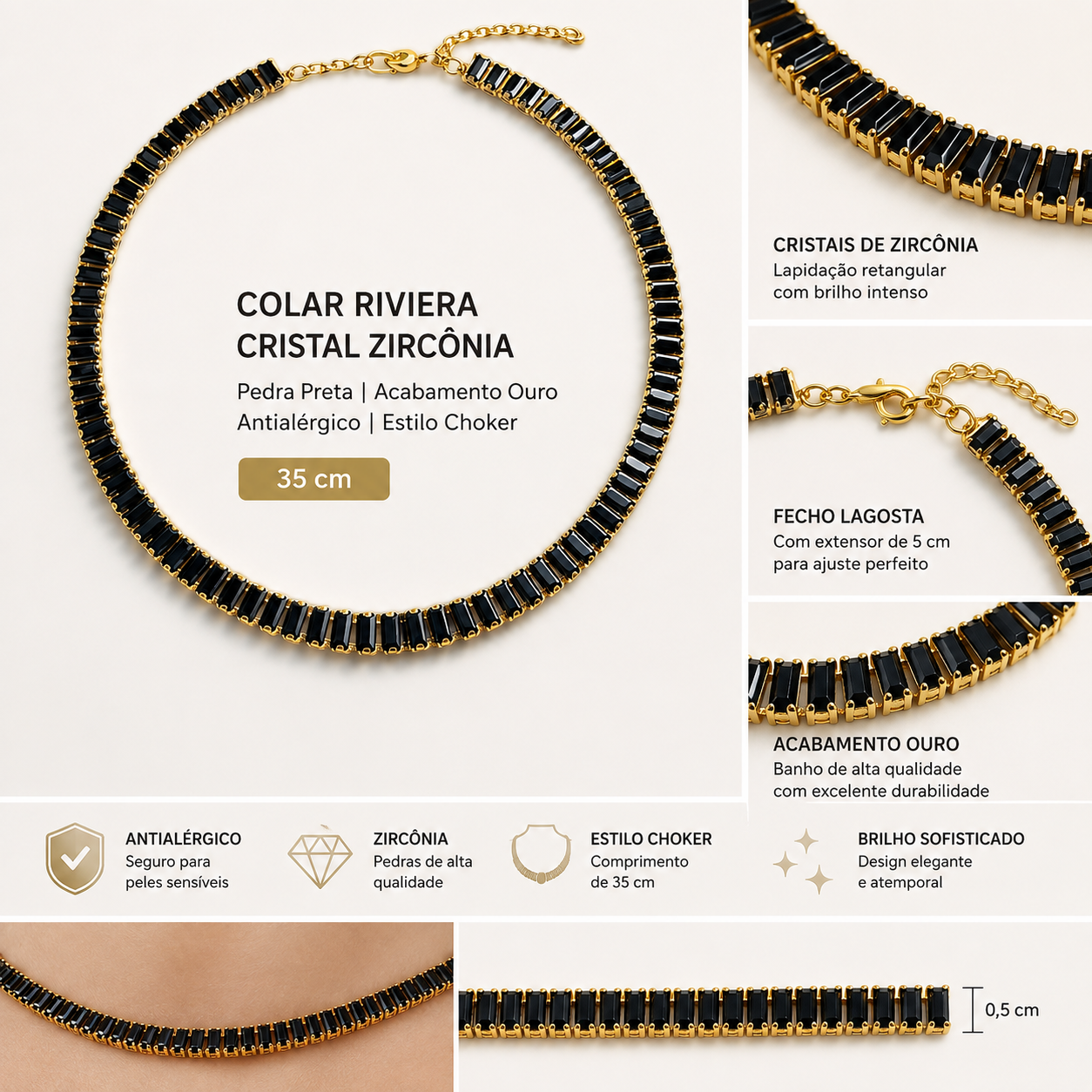 Colar Choker Riviera Zircônia Cristal Antialérgico 35cm - Imagem 3