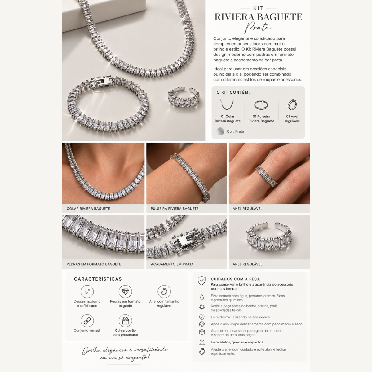 Kit Colar + Pulseira + Anel Regulavel Riviera Baguete Prata - Imagem 3