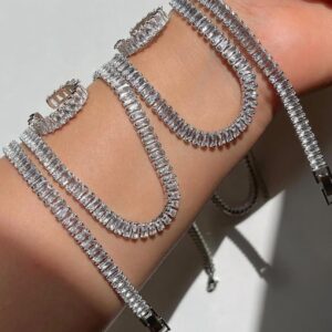 Kit Colar + Pulseira + Anel Regulavel Riviera Baguete Prata