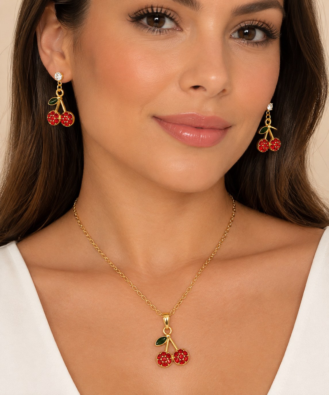 Kit Colar E Brinco Cereja Dourado Com Pedras Vermelhas
