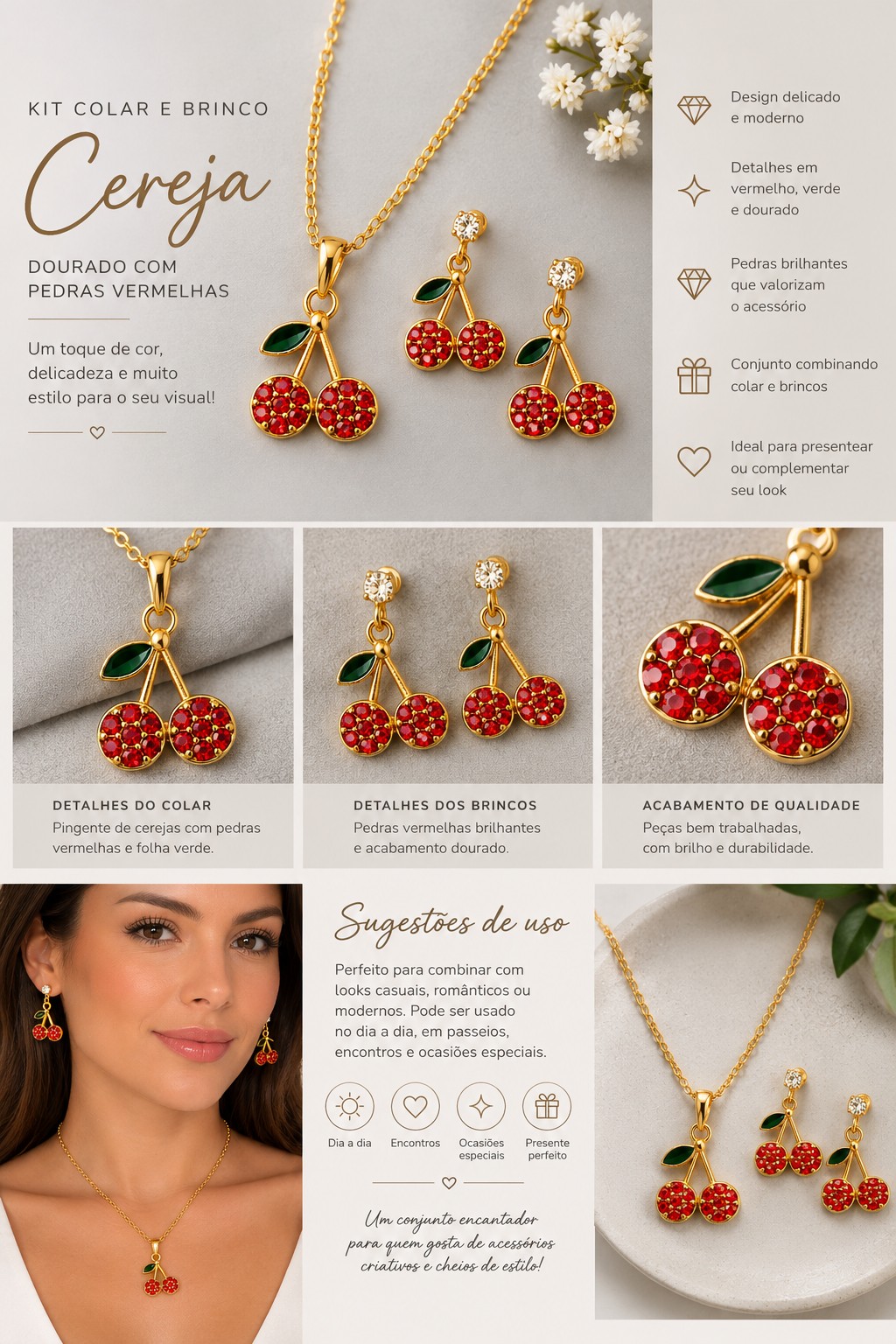 Kit Colar E Brinco Cereja Dourado Com Pedras Vermelhas - Imagem 3